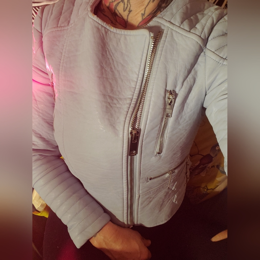 Zara baby blue THICK lined jacket zipper and buckle details some flaws in neck